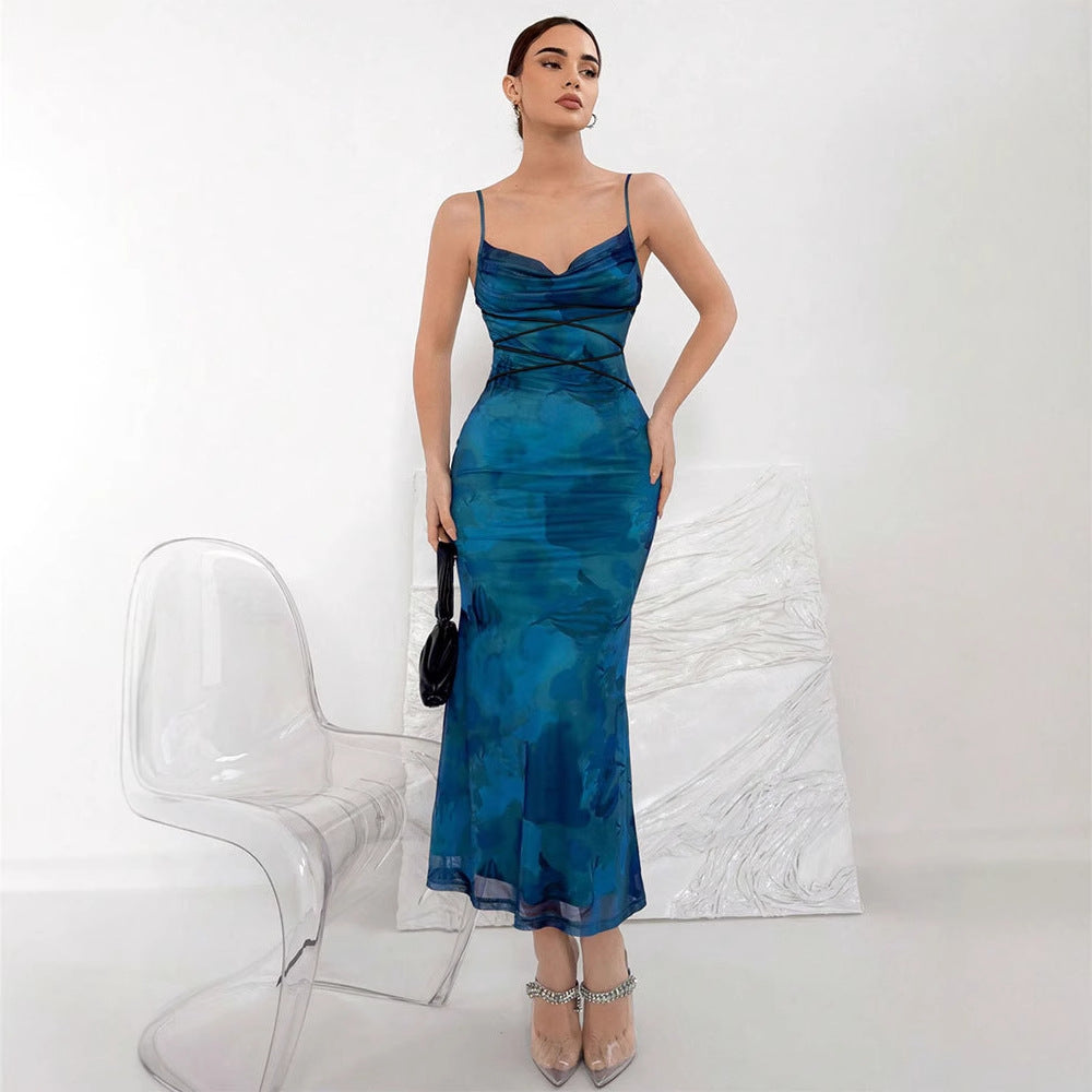 Teal Strappy Cowl Neck Printed Dress