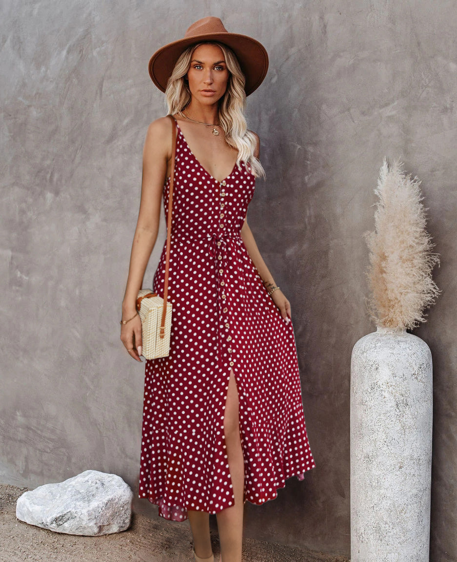 Wine Front Buttoned Midi A-Line Dress