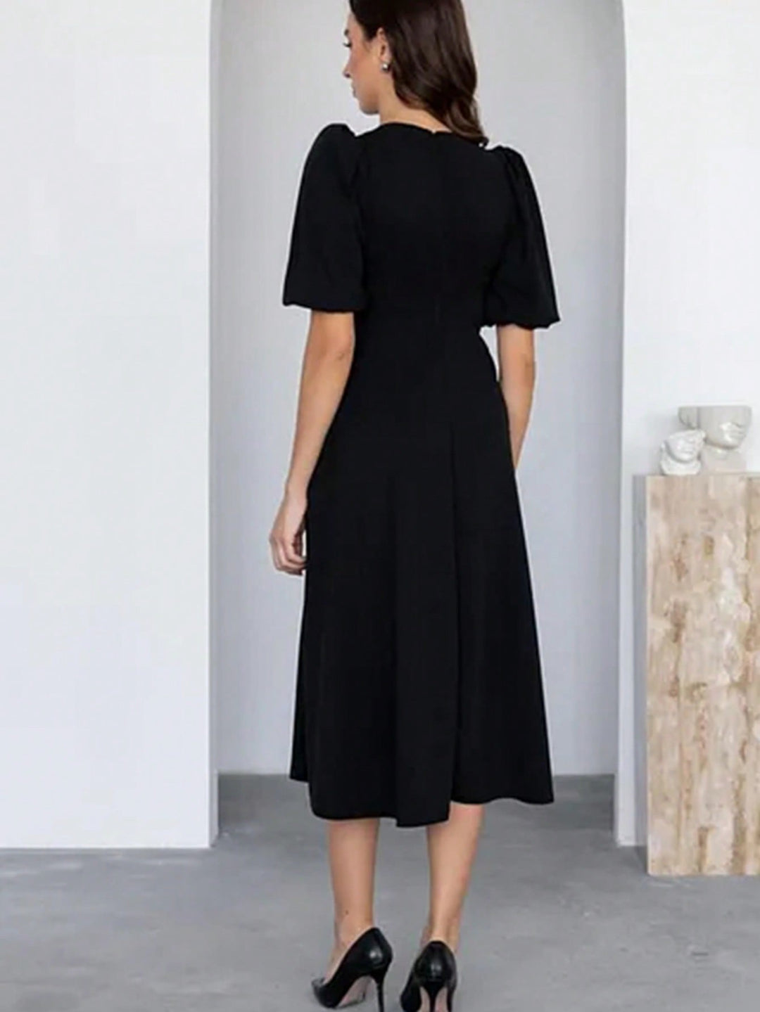 Black Puff Sleeve Front Bow Dress