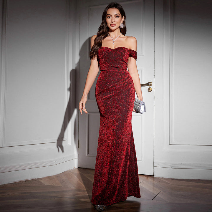 Burgundy Off Shoulder Tube Neck Shimmer Dress