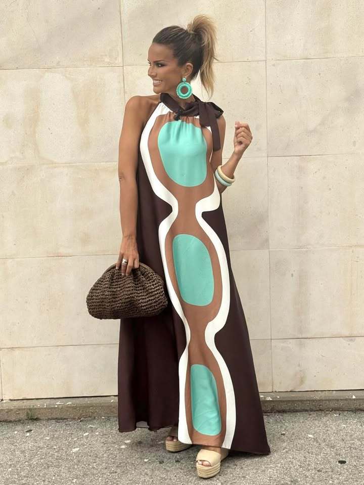 Brown Halter Neck Printed Dress
