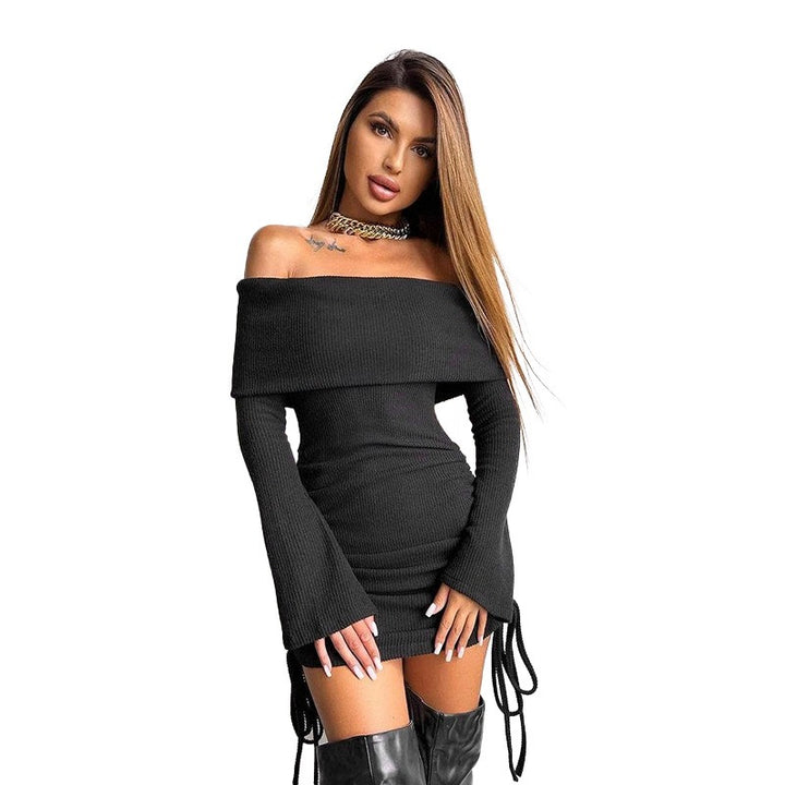 Black Off Shoulder Bell Sleeves Fitted Dress