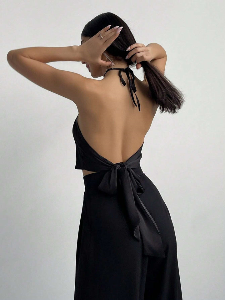 Black Halter Neck Buckle Attached Top