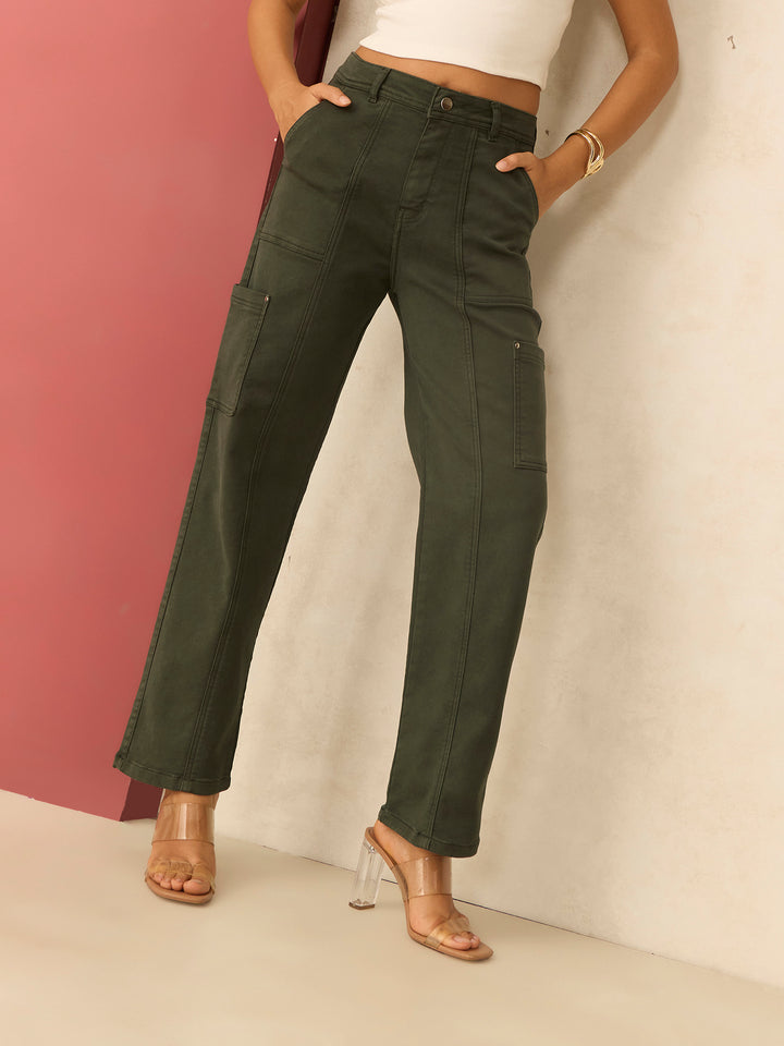 Olive Cargo Style Straight Fit Jeans Pants