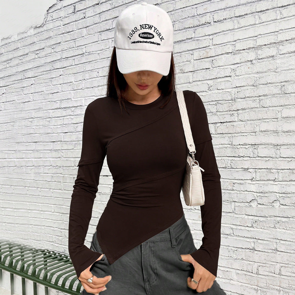 Brown Full Sleeve Fitted Top With Asymmetric Top