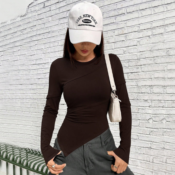 Brown Full Sleeve Fitted Top With Asymmetric Top