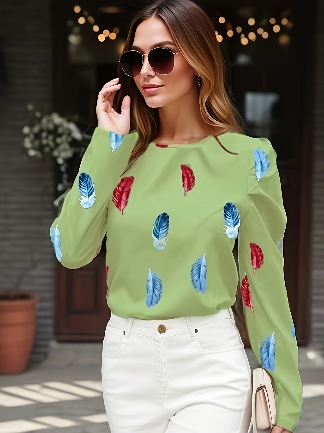 Green Full Printed Puff Sleeves Top