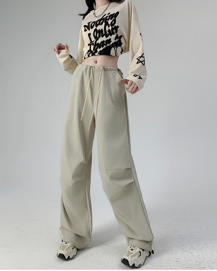 Beige Elastic Parachute Pants With Drawstring
