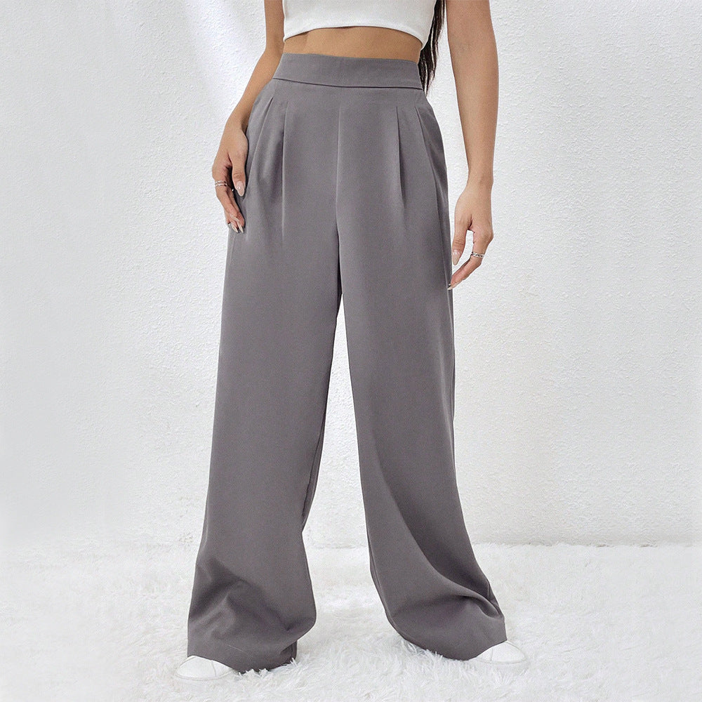 Grey Flat Waistband Pleated Trouser