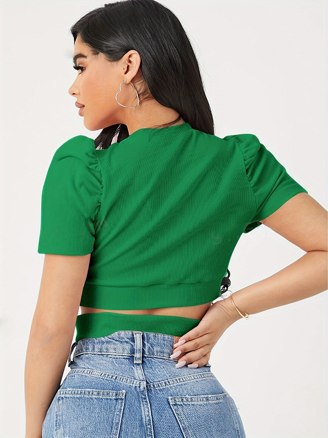 Green Puff Sleeved Criss Cross Buttom Top