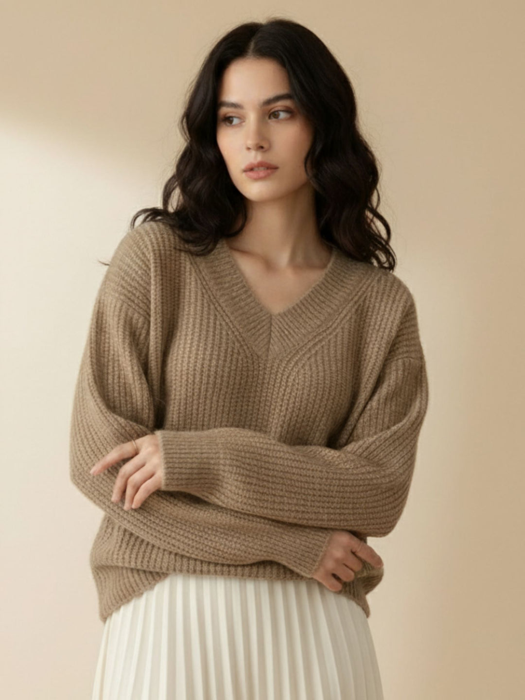 Brown Full Sleeve V Neck Sweater