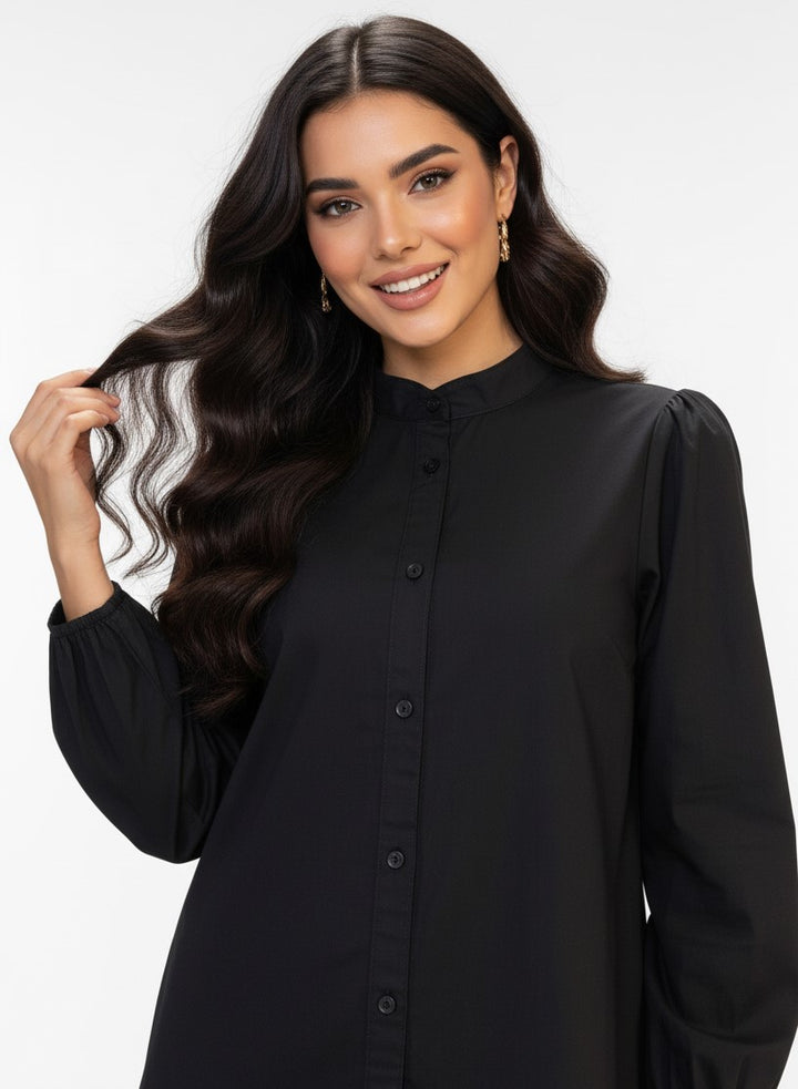 Black Bishop Sleeve High Neck Ruffle Hem Dress