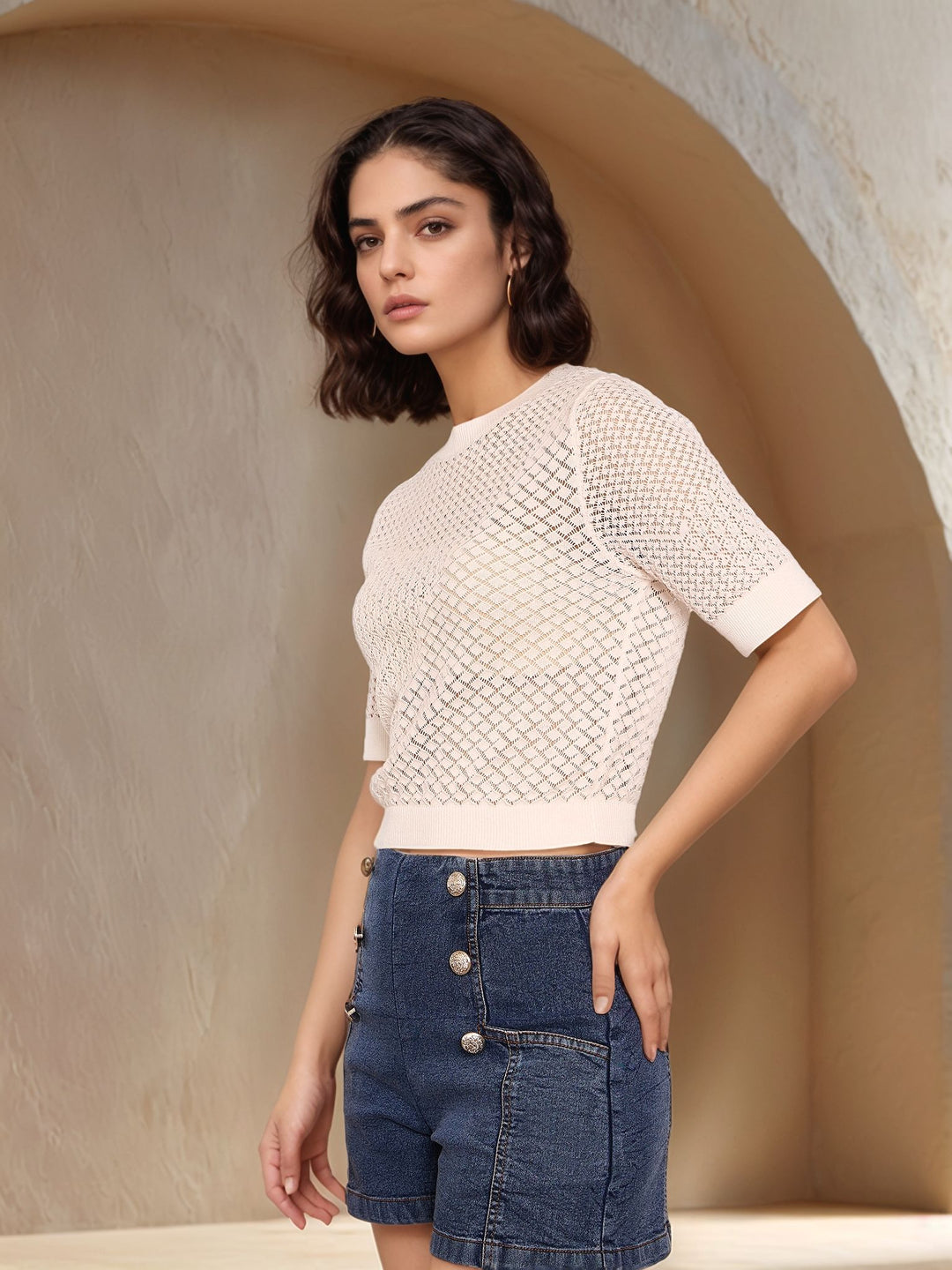 Off White Short Sleeve Crew Neck Textured Top