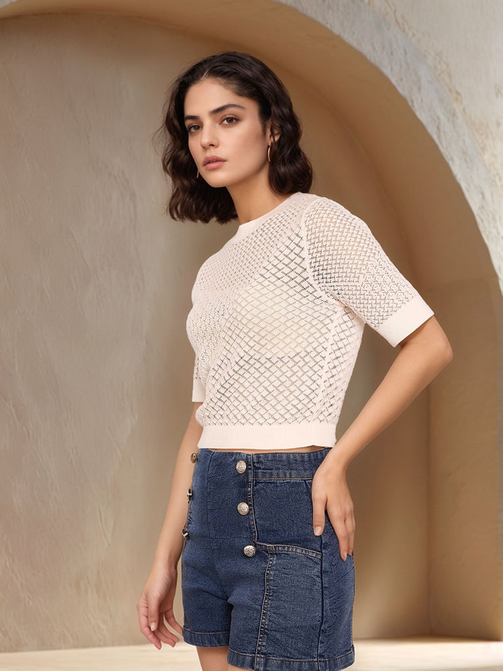 Off White Short Sleeve Crew Neck Textured Top