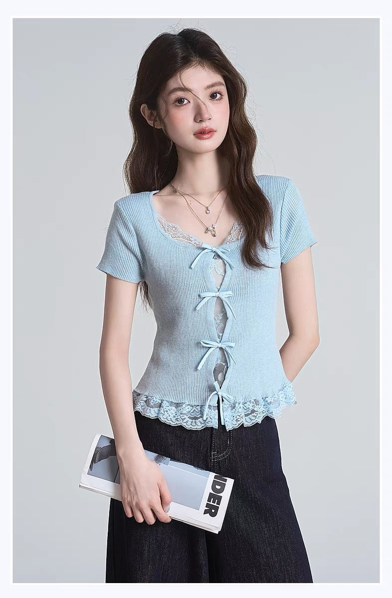Blue Front Tie Up U Neck Top