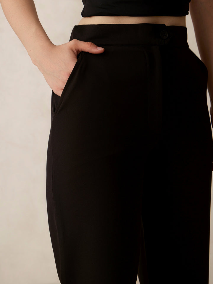 Black Extended Waist Band Straight Fit Trouser