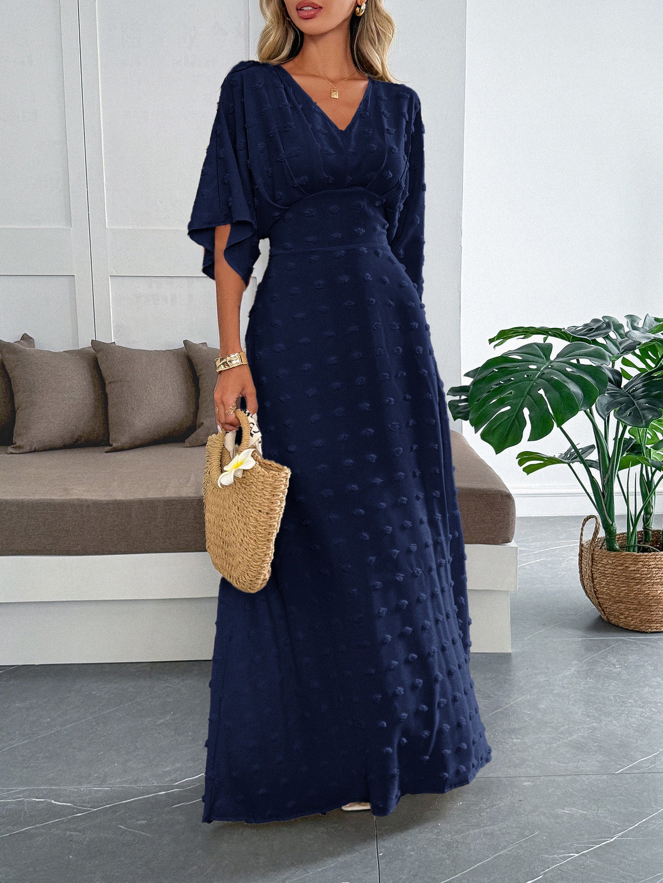 Navy Blue Flare Sleeve V Neck Dress