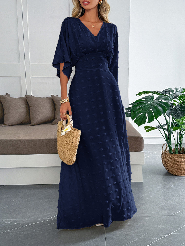 Navy Blue Flare Sleeve V Neck Dress