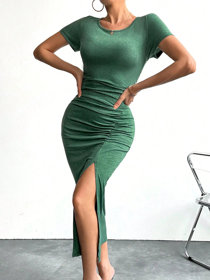 Green Half Sleeved Ruched Bodycon Dress