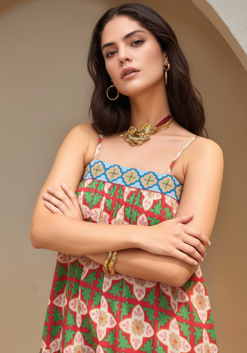Green Spaghetti Strap Abstract Printed Dress