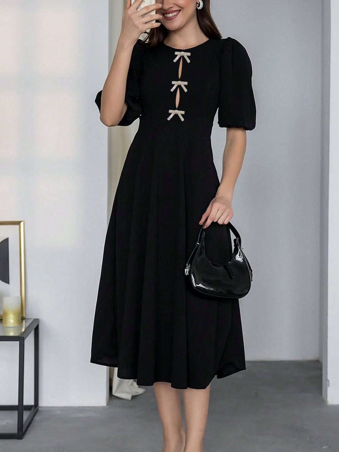Black Puff Sleeve Front Bow Dress