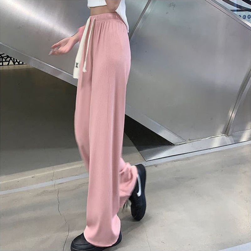 Pink Textured Wide Leg Drawstring Pants