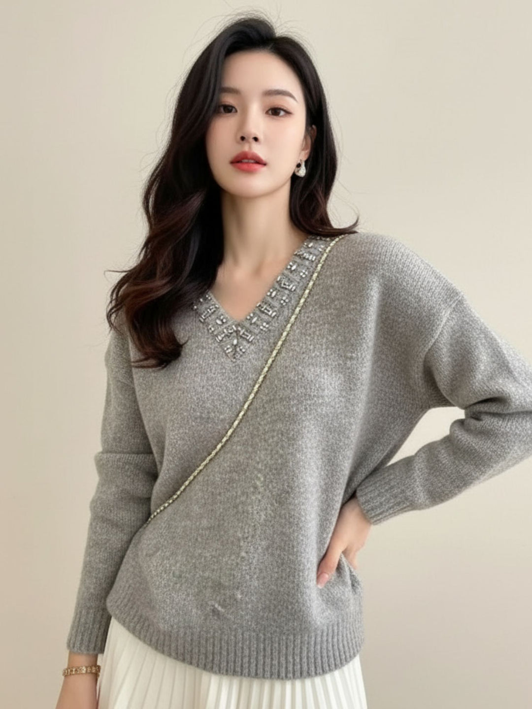 Grey Full Sleeve Studded Sweaters