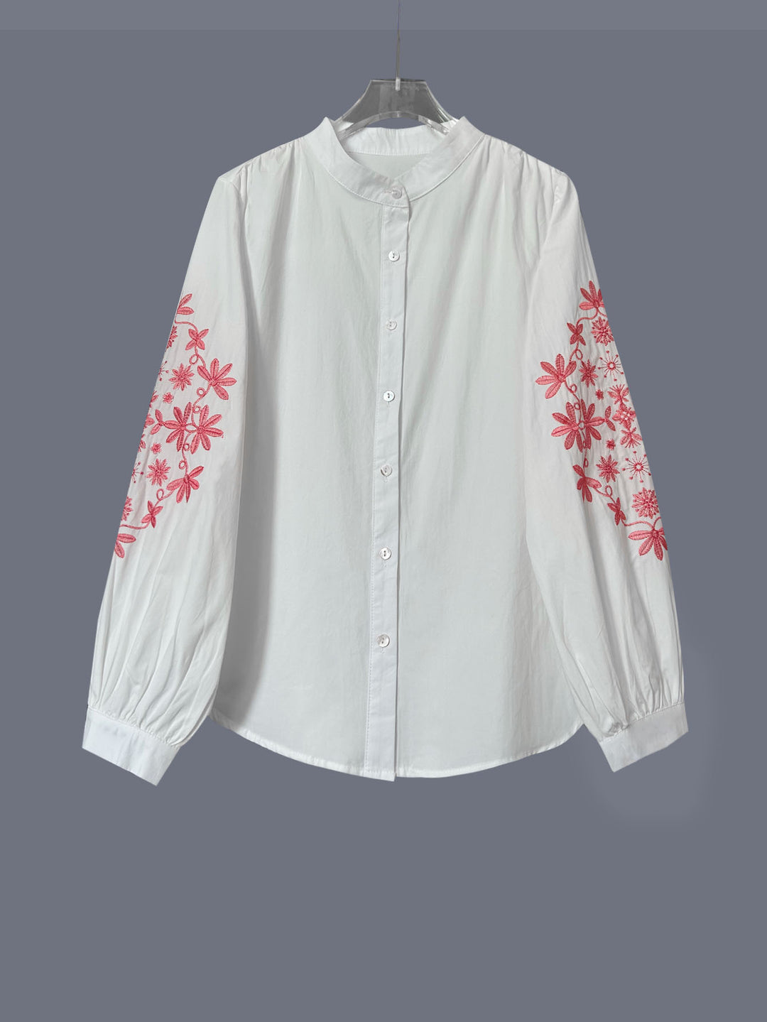 White Bishop Sleeve Front Buttoned Mandarin Collar Embroidered Top
