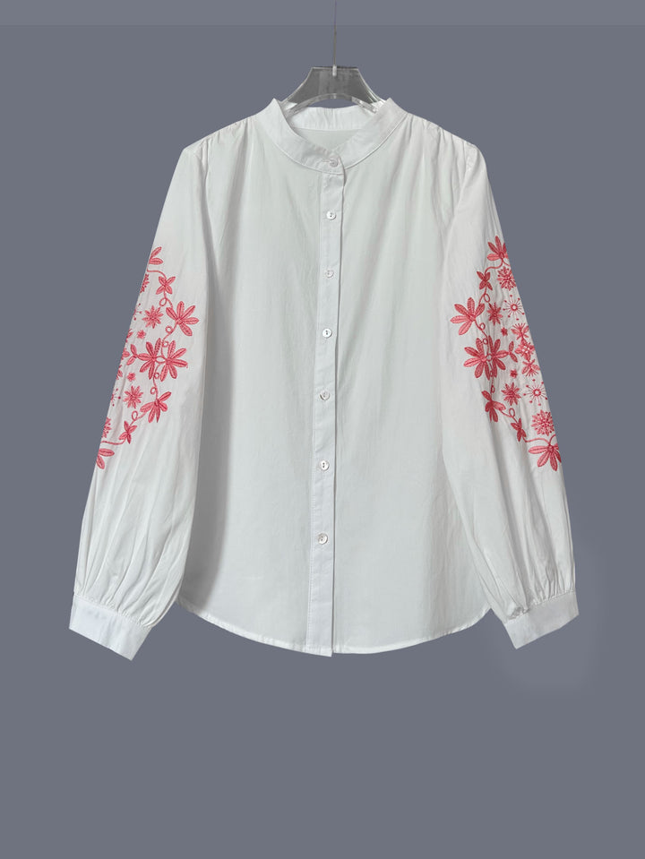 White Bishop Sleeve Front Buttoned Mandarin Collar Embroidered Top