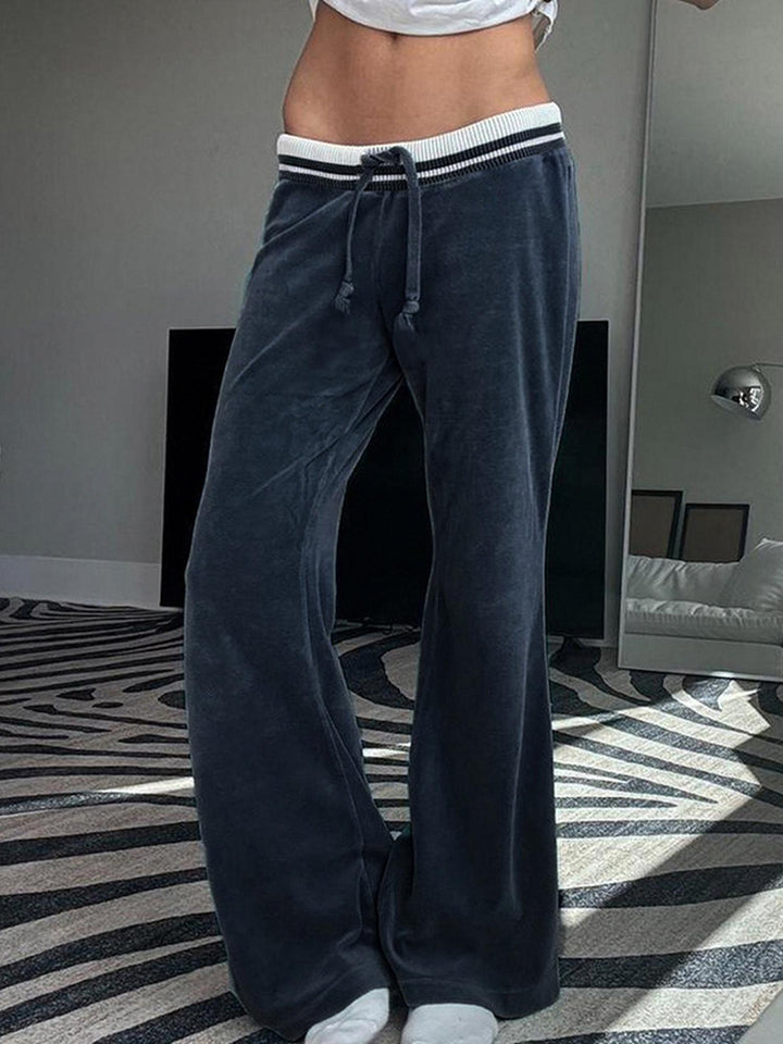 Navy Blue & White Waist Stripped Velvet Flared Pants