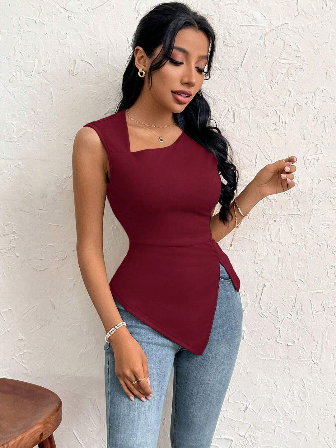 Red Sleeveless Cut-Out Detail Top