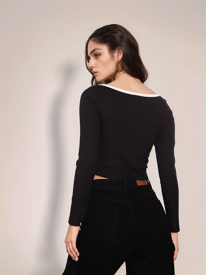 Black Full Sleeves Contrast Neckline Top