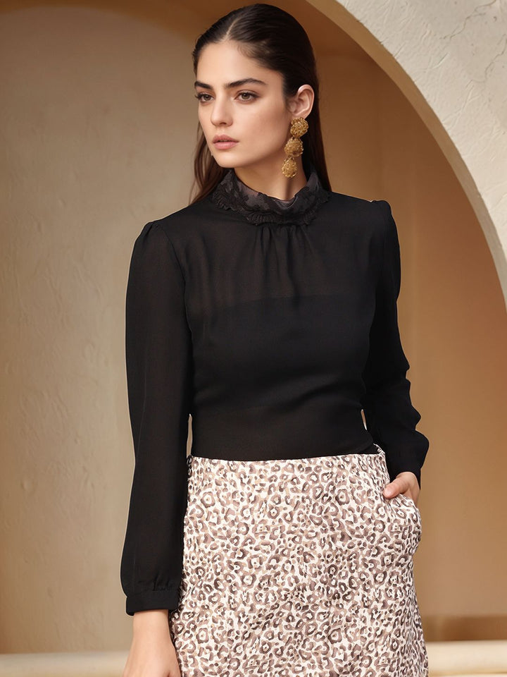 Black Full Sleeve High Neck Mesh Top