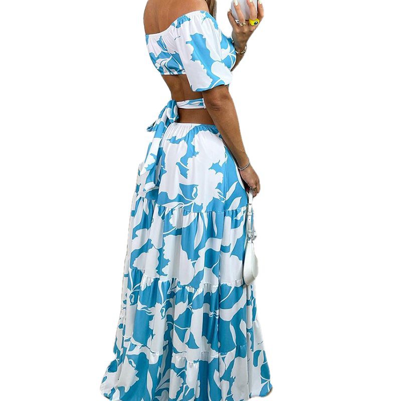 Blue Printed Off-Shoulder Cut Out Dress