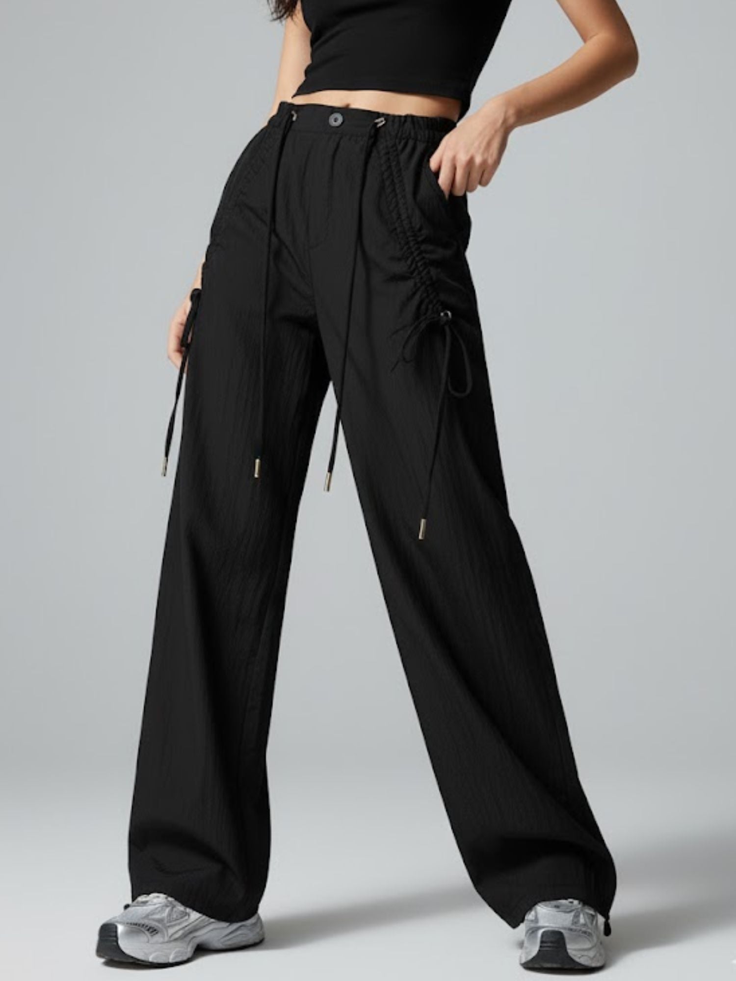Black Wide Leg Drawstring Parachute Pants