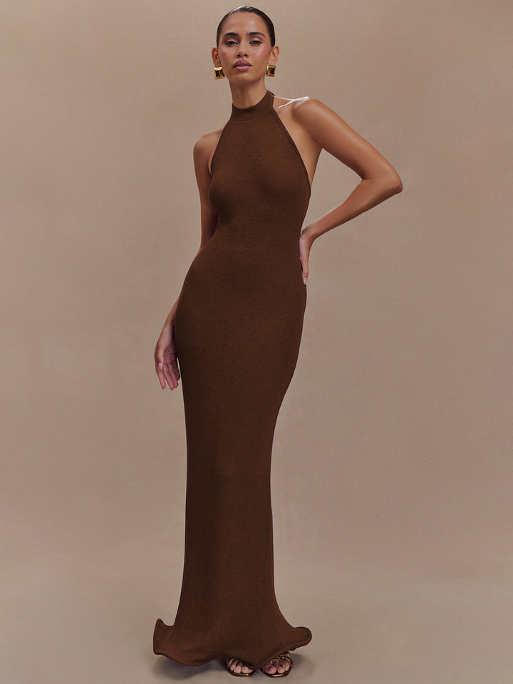 Brown Halter Neck Fitted Dress