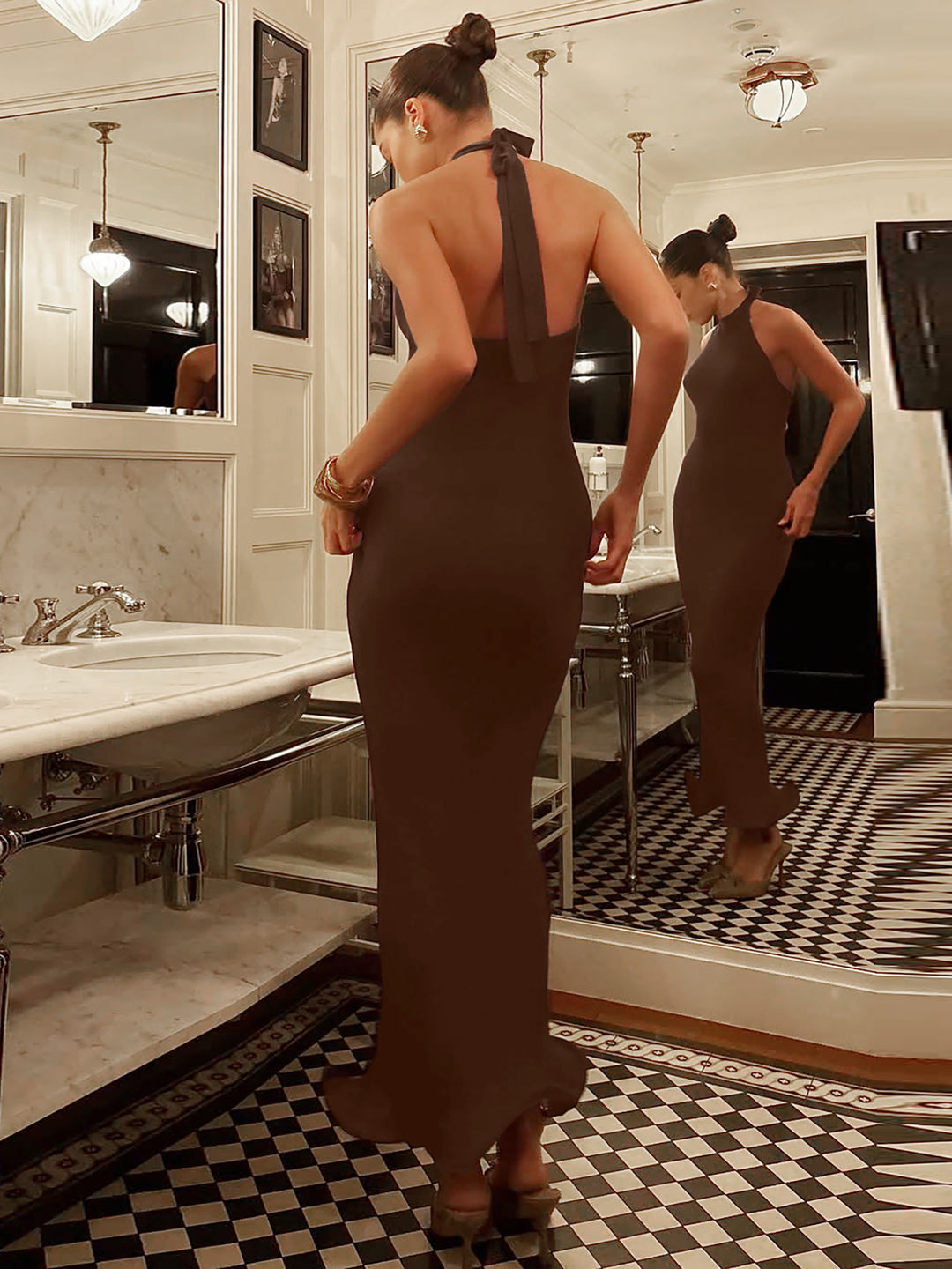 Brown Halter Neck Fitted Dress