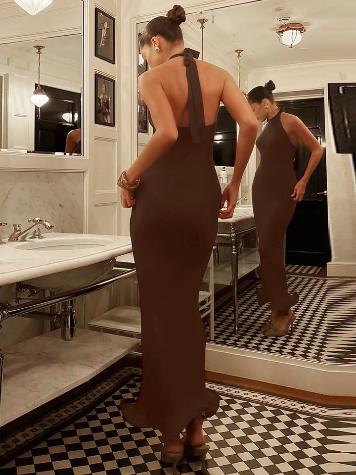 Brown Halter Neck Fitted Dress
