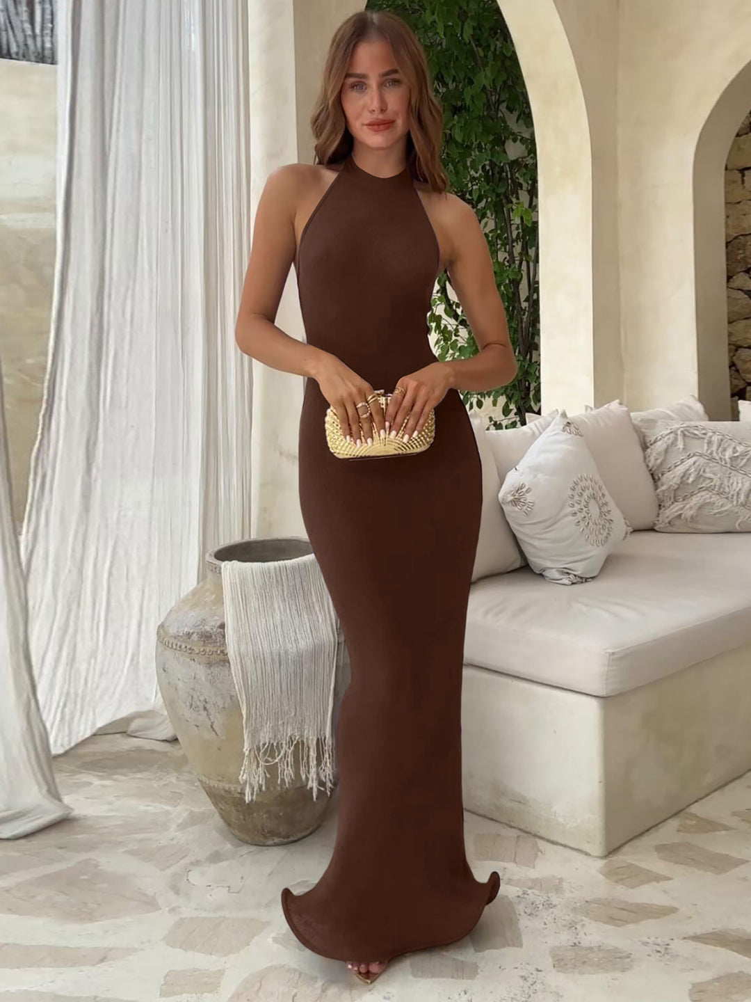 Brown Halter Neck Fitted Dress