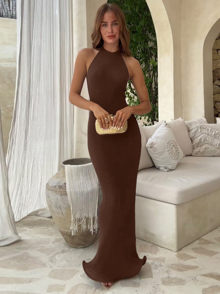 Brown Halter Neck Fitted Dress