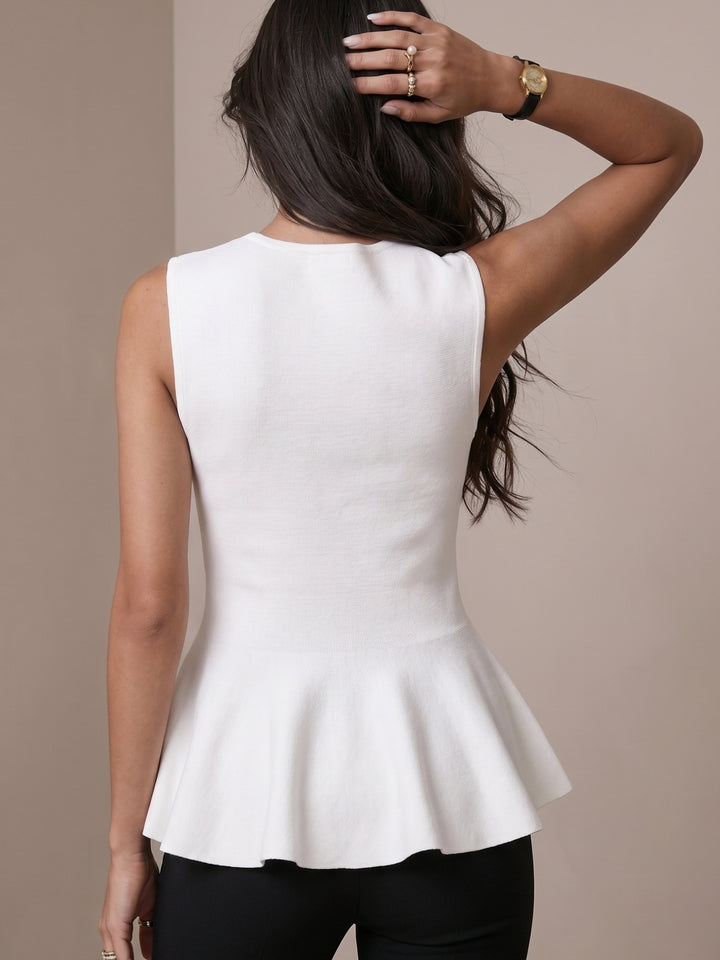White Round Neck Solid Peplum Top