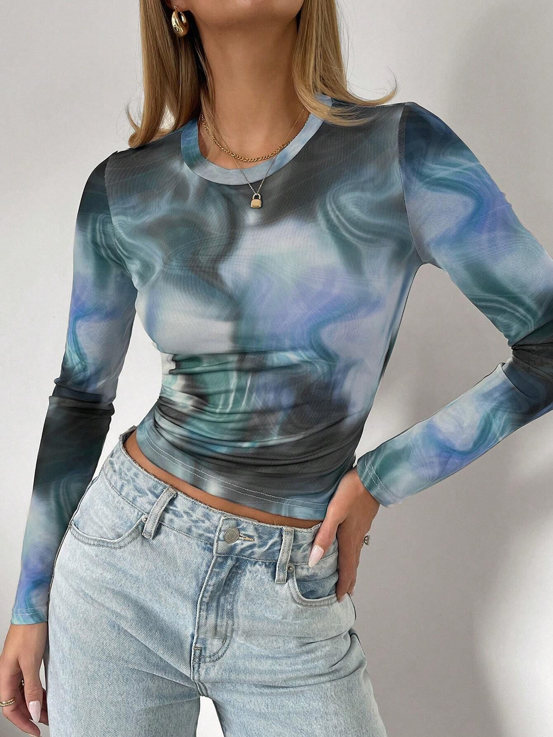 Blue Marble Print Full Sleeve Semi Sheer Top