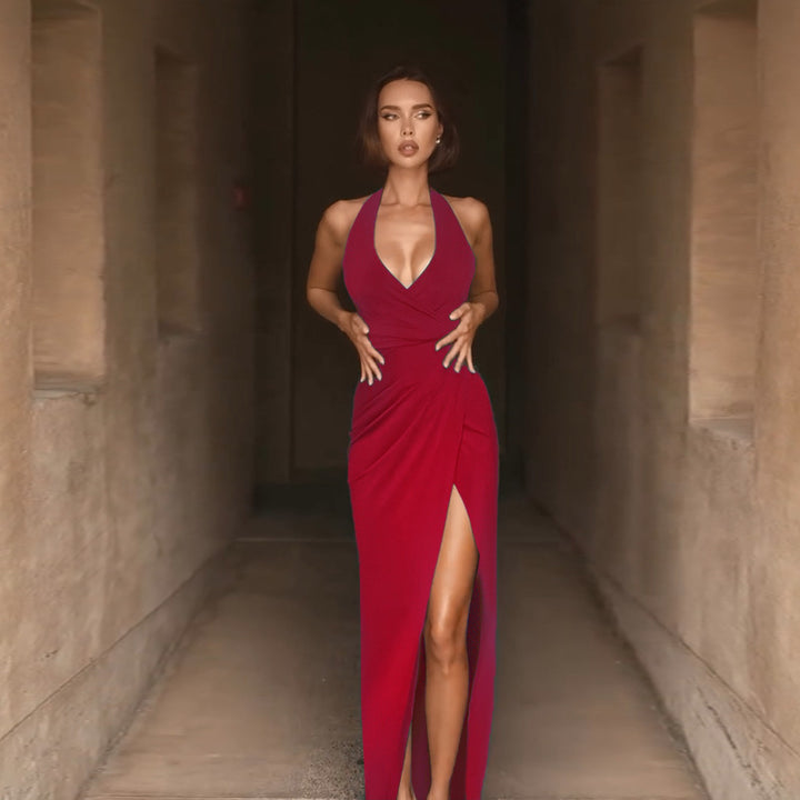 Red Halter Neck Solid Dress
