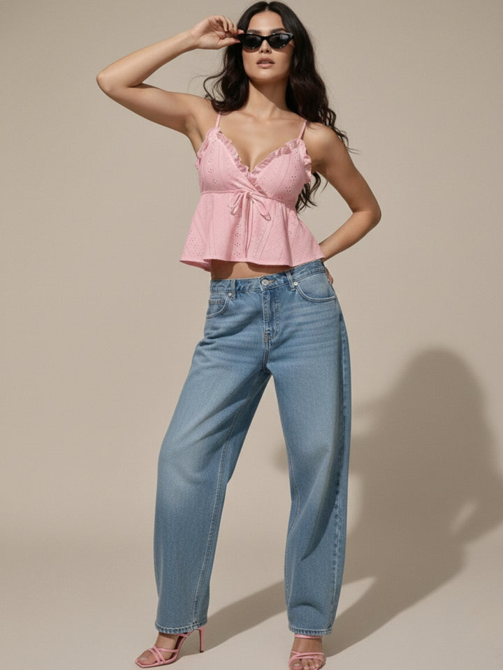 Pink Spaghetti Strap Ruffle Neckline Top