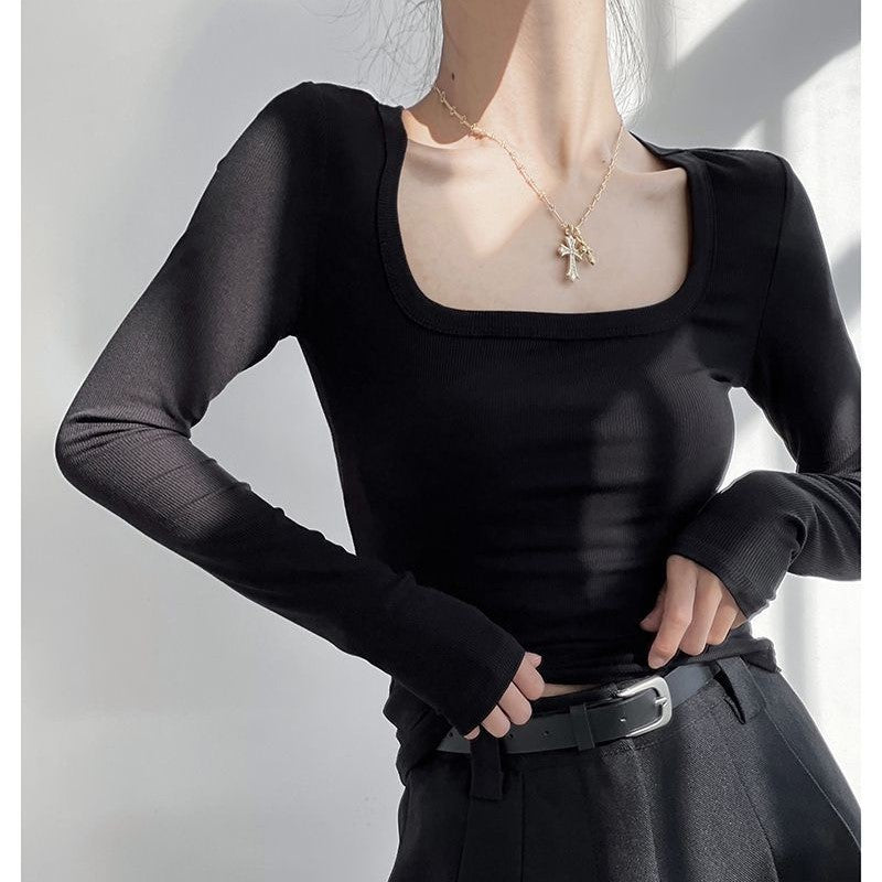 Black Square Neck Ribbed Top