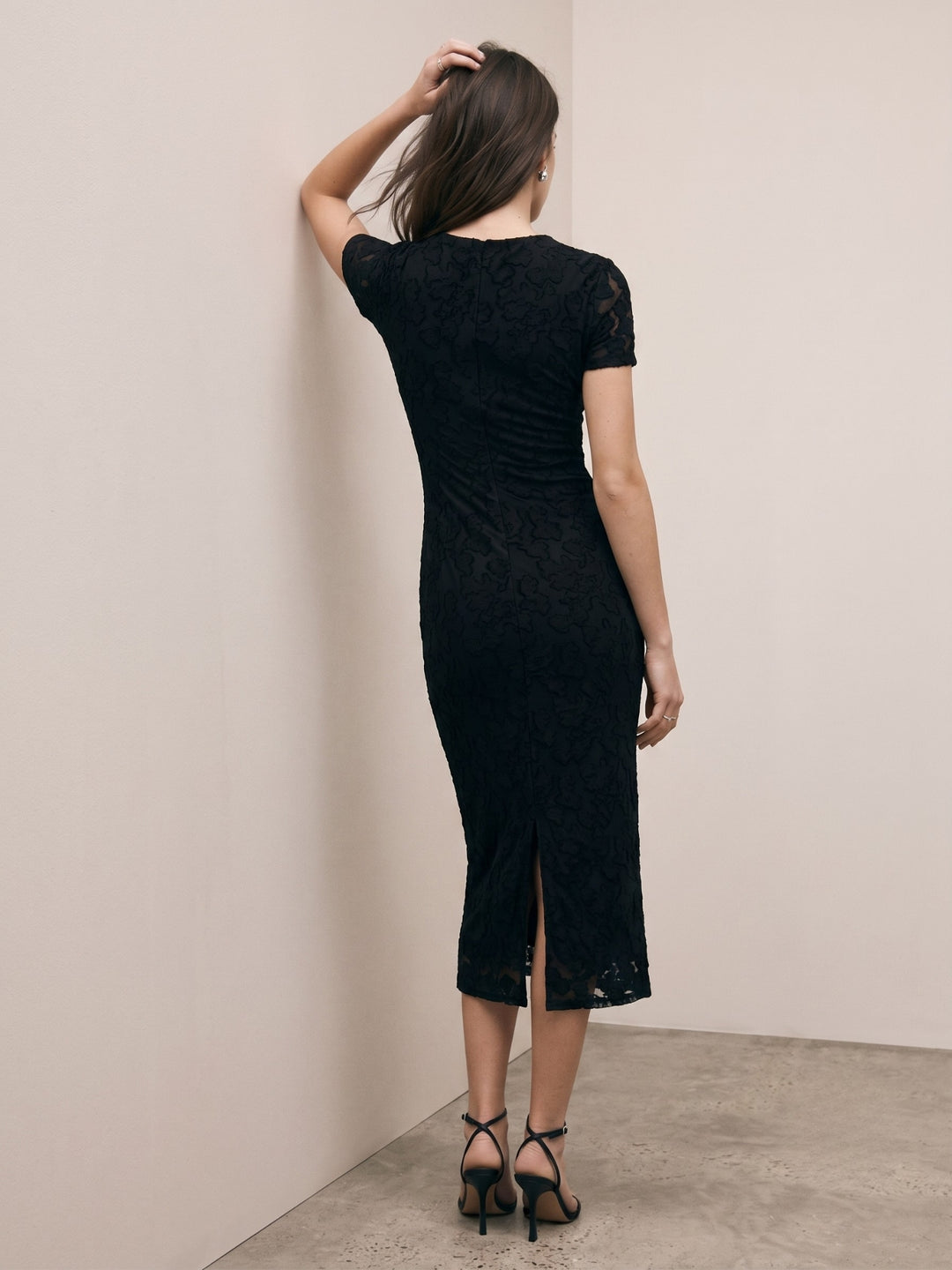 Black Textured Floral Designed Fitted Dress