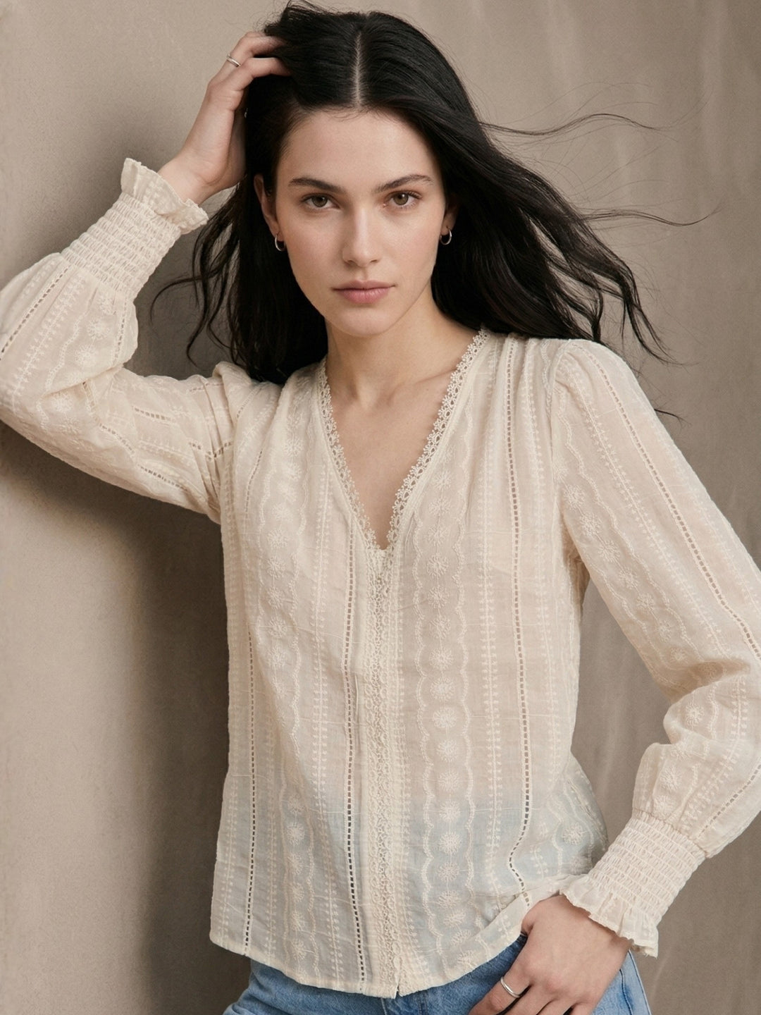 Cream Scallop Lace Neck Inserts Relaxed Blouson Top