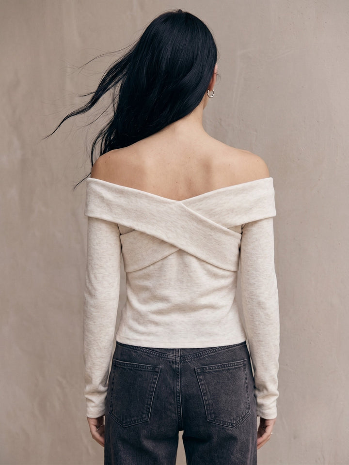 Cream Criss Cross Off-Shoulder Fitted Top