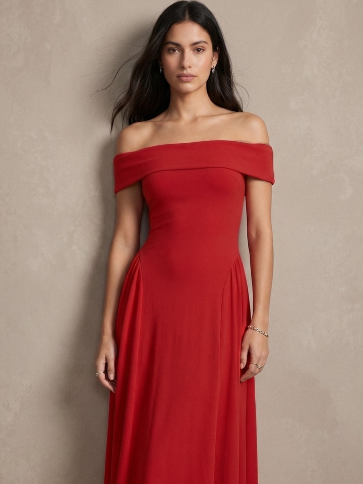 Red Off Shoulder Tailored Flouncy Dress