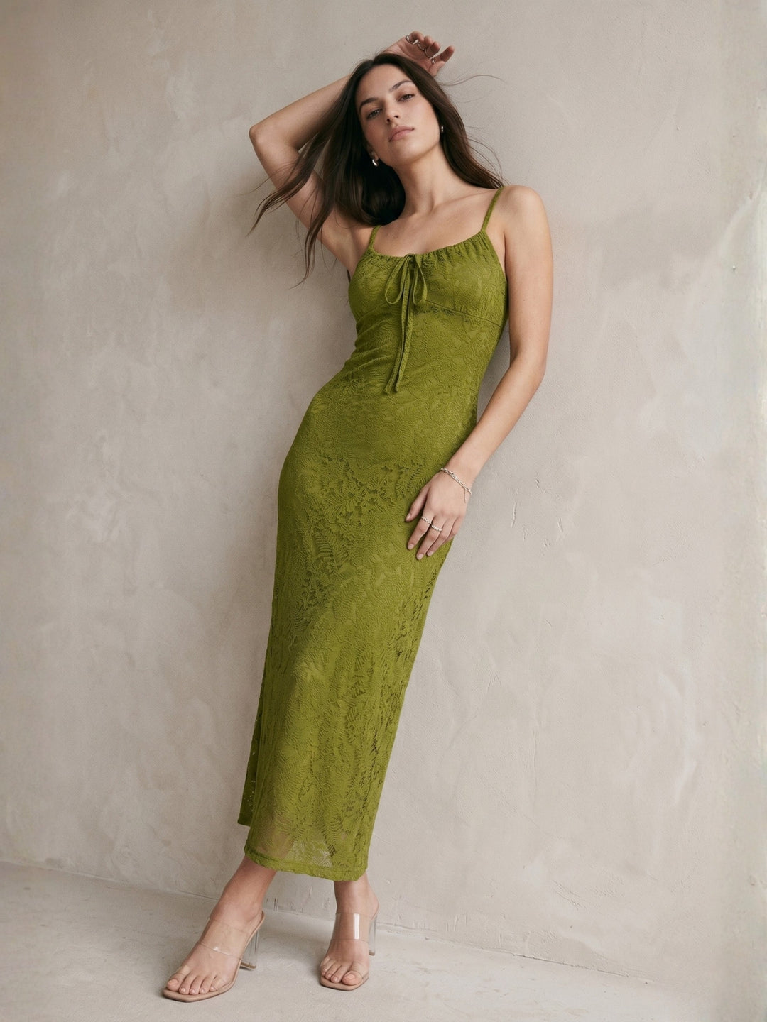 Olive Spaghetti Strap Lace Dress